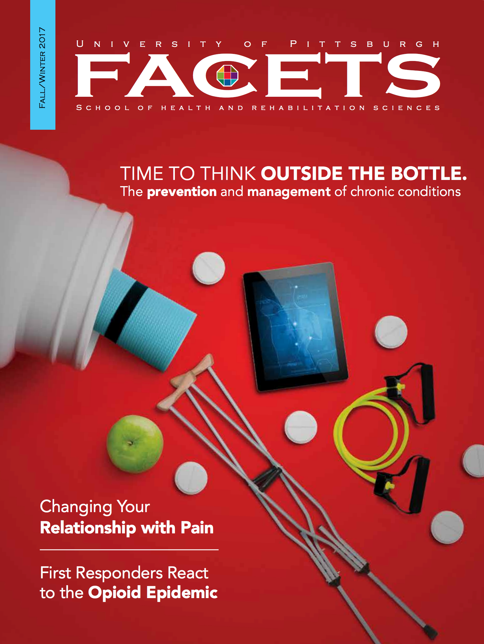cover of the issue: bright red with pills and bottles and other medical items