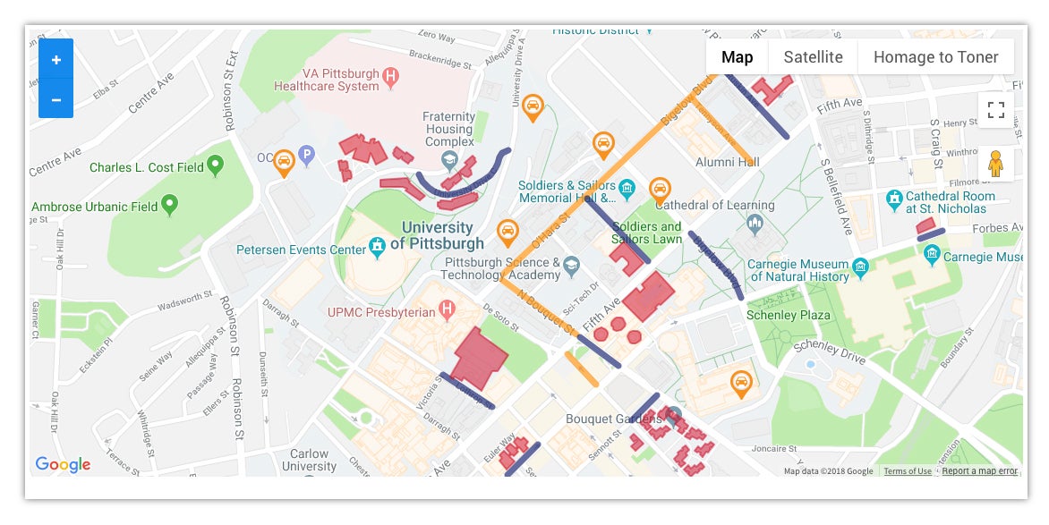 map of Oakland campus of University of Pittsburgh