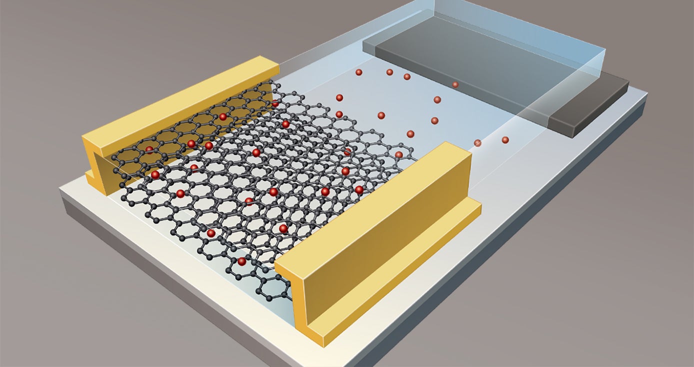 Illustration of artificial synapse, 3D-type model, rectangular, with honeycomb shapes on one half and red dots scattered throughout