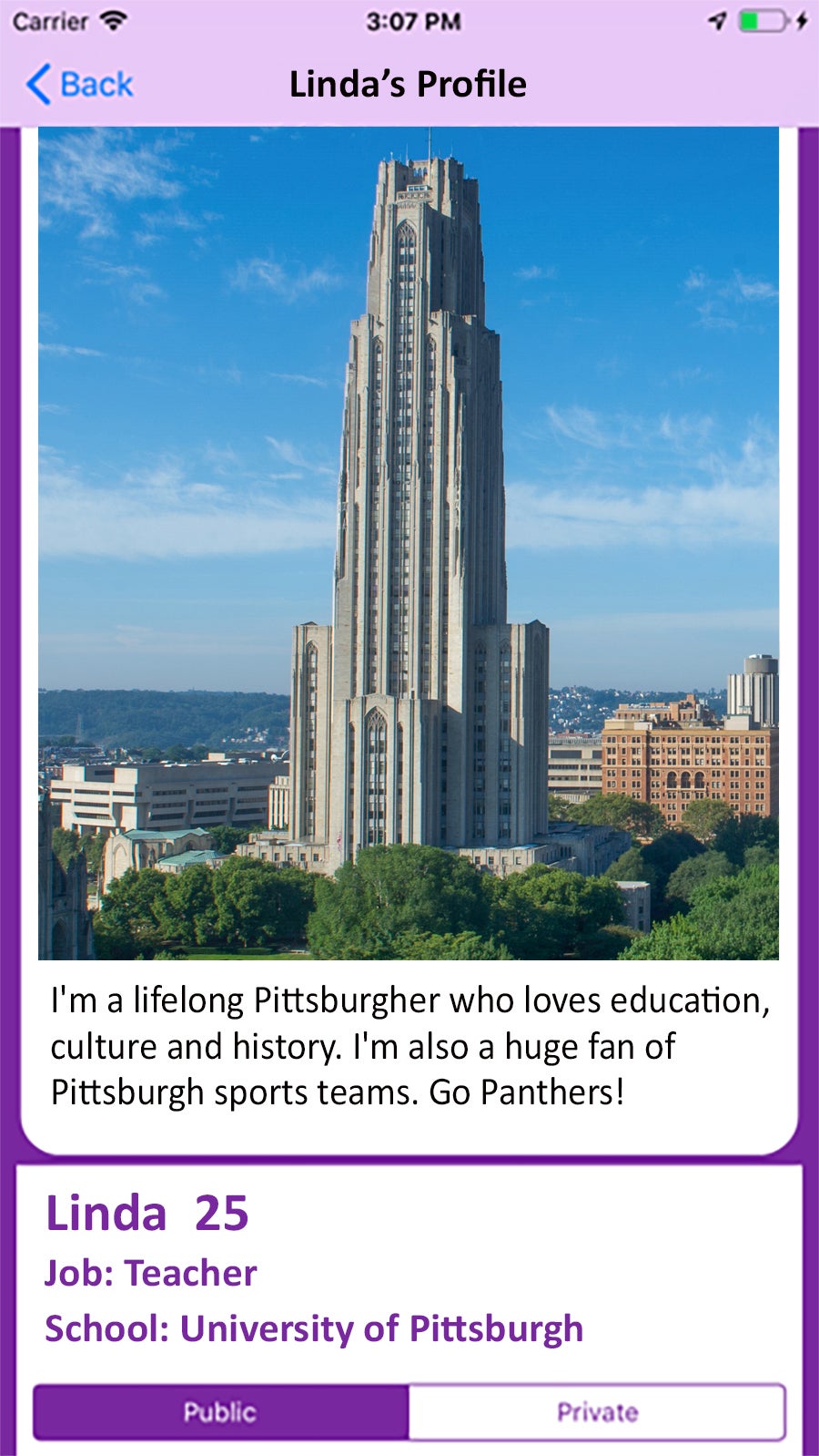 a photo of the Cathedral inserted to a mock profile of Linda, 25, who's a teacher at Pitt