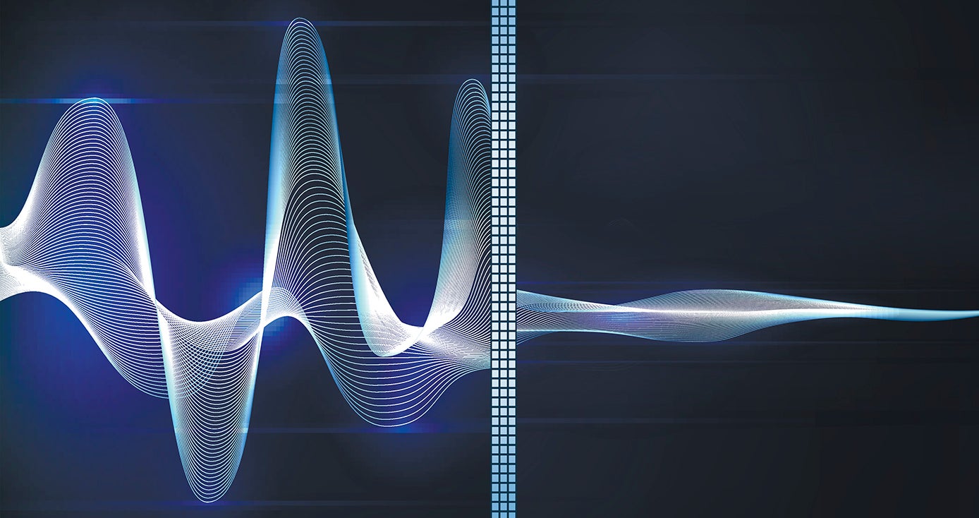 a sound wave on the left that, when it crosses a barrier in the middle, becomes smaller
