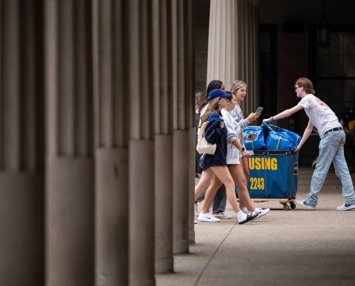 People push carts past columns