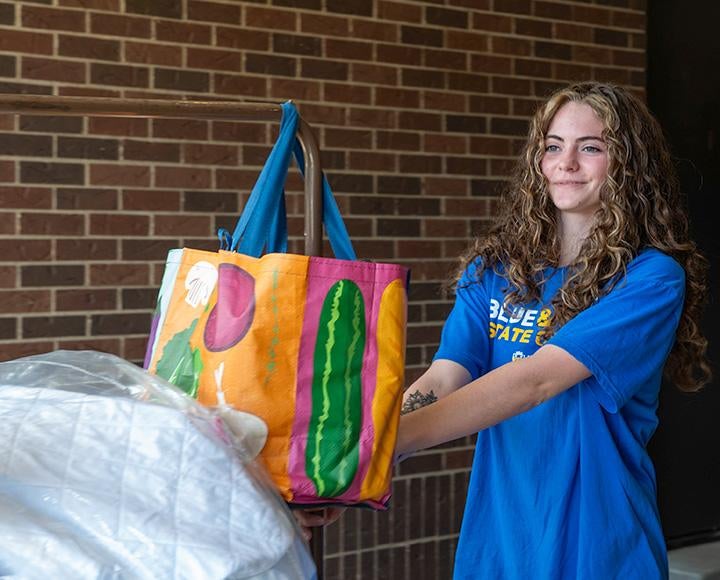 A person in a Pitt shirt pulls a buggy