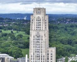 Drone photo of the top of the Cathedral of Learning