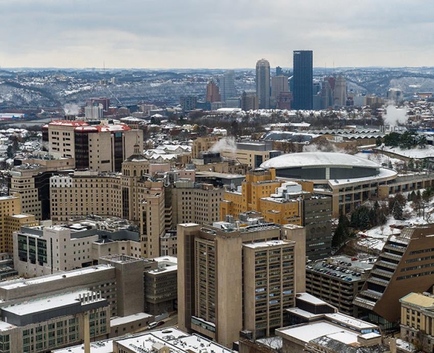 The University of Pittsburgh campus on a snowy day