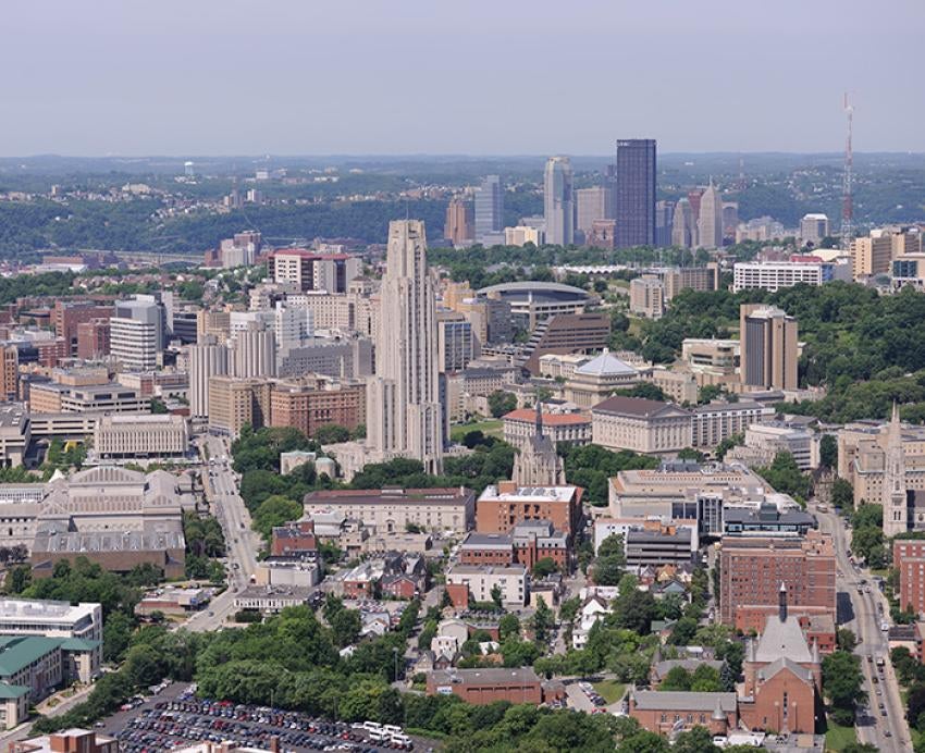 An aerial shot of Pitt's campus and downtown Pittsburgh