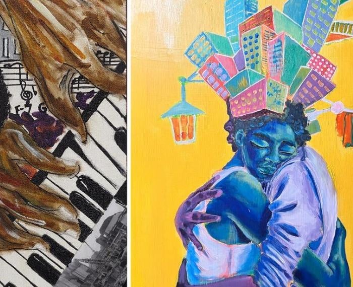 A collage of two colorful art submissions from last year's Envisioning a Just Pittsburgh initiative.